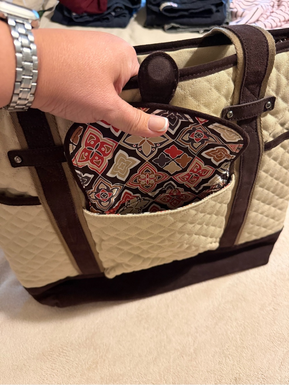 Vera Bradley Quilted Canvas Tote Bag in Cream and Brown - Picture 4 of 5